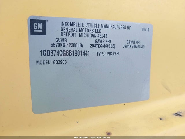 Продаж на аукціоні авто 2011 Gmc Savana Cutaway Work Van, vin: 1GD374CG6B1901441, номер лоту: 45010581