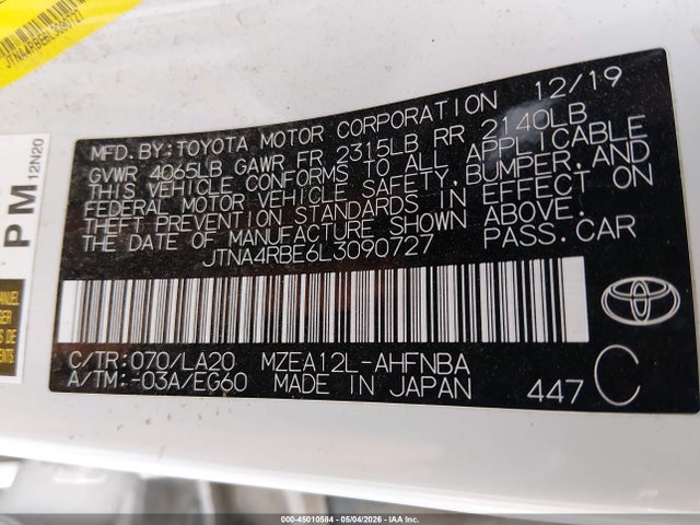 2020 Toyota Corolla Xse მანქანა იყიდება აუქციონზე, vin: JTNA4RBE6L3090727, აუქციონის ნომერი: 45010584