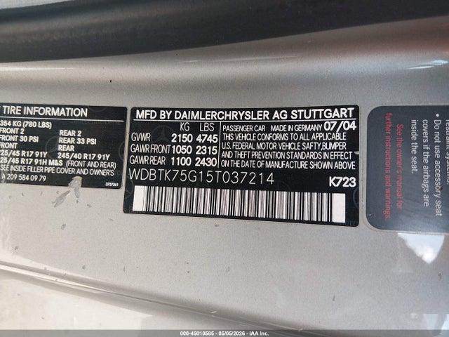 Продаж на аукціоні авто 2005 Mercedes-benz Clk 500, vin: WDBTK75G15T037214, номер лоту: 45010585