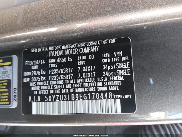 2014 Hyundai Santa Fe Sport 2.4l მანქანა იყიდება აუქციონზე, vin: 5XYZU3LB9EG170448, აუქციონის ნომერი: 45010591