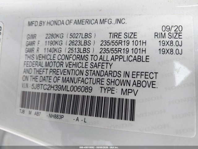 45010592 :رقم المزاد ، 5J8TC2H39ML006089 vin ، 2021 Acura Rdx Standard مزاد بيع