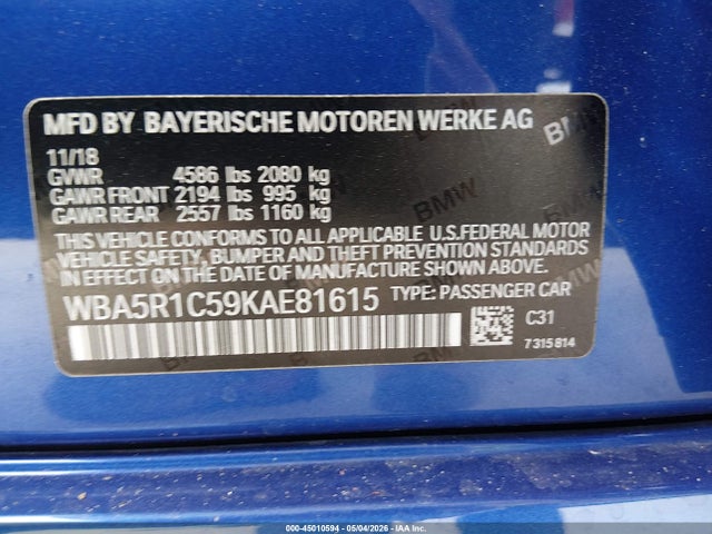 2019 Bmw 330i მანქანა იყიდება აუქციონზე, vin: WBA5R1C59KAE81615, აუქციონის ნომერი: 45010594