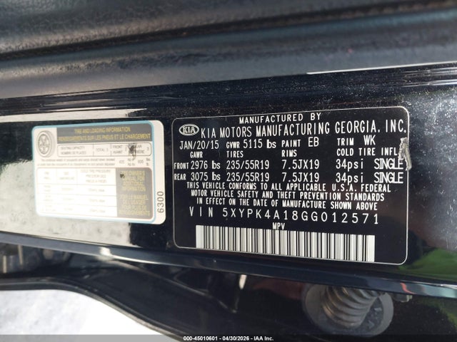 Продаж на аукціоні авто 2016 Kia Sorento 2.0t Sxl, vin: 5XYPK4A18GG012571, номер лоту: 45010601