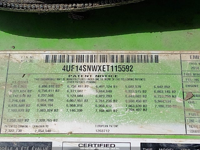 Aukcja sprzedaży 2014 Arctic Cat Zr 9000, vin: 4UF14SNWXET115592, numer aukcji: 45010606