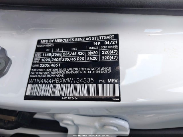Aukcja sprzedaży 2021 Mercedes-benz Glb 250 4matic, vin: W1N4M4HBXMW134335, numer aukcji: 45010607