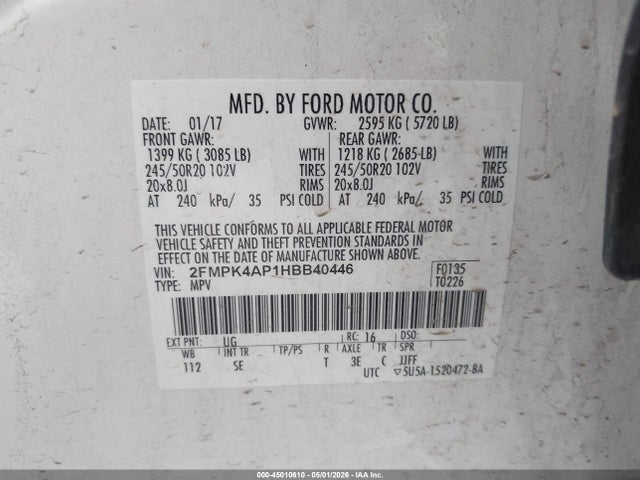 2017 Ford Edge Sport მანქანა იყიდება აუქციონზე, vin: 2FMPK4AP1HBB40446, აუქციონის ნომერი: 45010610