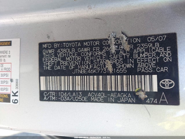 Aukcja sprzedaży 2007 Toyota Camry Xle, vin: JTNBE46K773121655, numer aukcji: 45010614