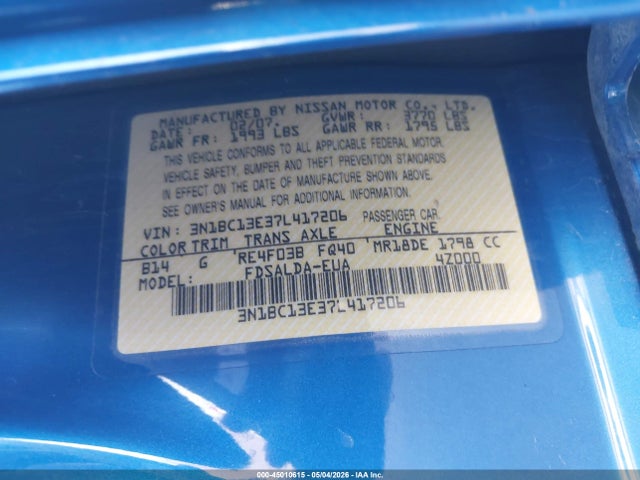 Продажа на аукционе авто 2007 Nissan Versa 1.8s, vin: 3N1BC13E37L417206, номер лота: 45010615