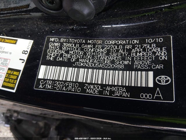 Aukcja sprzedaży 2010 Toyota Prius Iii, vin: JTDKN3DU5A5220988, numer aukcji: 45010617