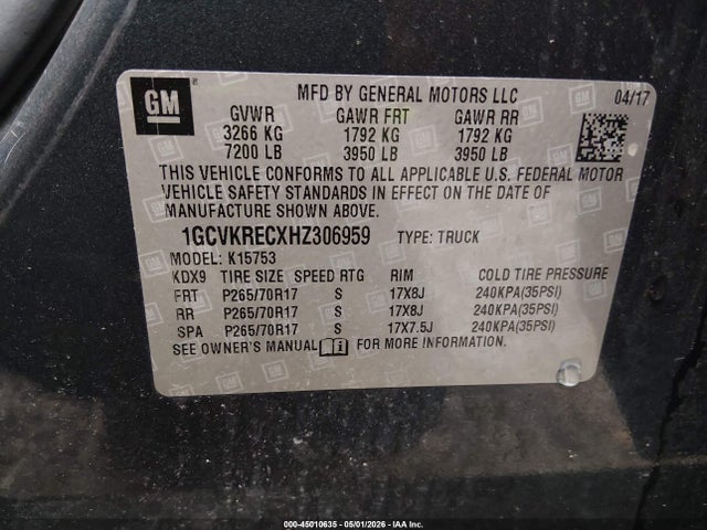 2017 Chevrolet Silverado 1500 1lt მანქანა იყიდება აუქციონზე, vin: 1GCVKRECXHZ306959, აუქციონის ნომერი: 45010635