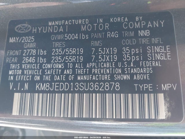 2025 Hyundai Tucson Hybrid Limited მანქანა იყიდება აუქციონზე, vin: KM8JEDD13SU362878, აუქციონის ნომერი: 45010644