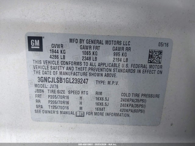 Chevrolet Trax Lt 2016 3GNCJLSB1GL239247 Image 9