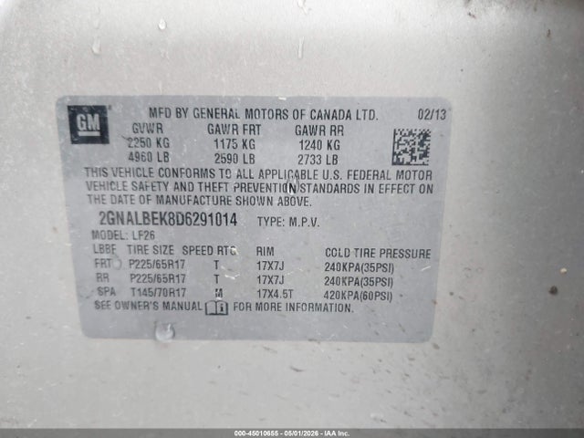 Продажа на аукционе авто 2013 Chevrolet Equinox Ls, vin: 2GNALBEK8D6291014, номер лота: 45010655