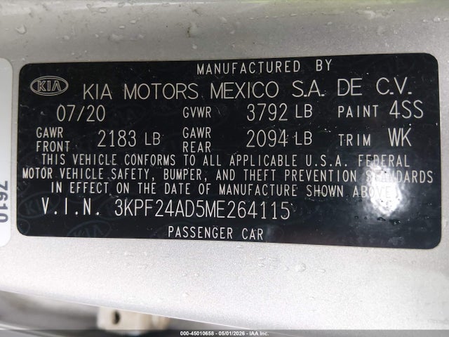 Продажа на аукционе авто 2021 Kia Forte Lxs, vin: 3KPF24AD5ME264115, номер лота: 45010658
