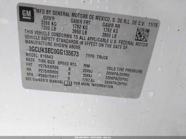 Aukcja sprzedaży 2016 Chevrolet Silverado 1500 1lz, vin: 3GCUKSEC0GG135673, numer aukcji: 45010670