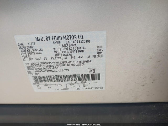 Aukcja sprzedaży 2018 Ford Explorer Xlt, vin: 1FM5K7D86JGA35073, numer aukcji: 45010673
