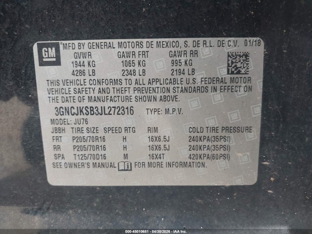 2018 Chevrolet Trax Ls მანქანა იყიდება აუქციონზე, vin: 3GNCJKSB3JL272316, აუქციონის ნომერი: 45010681