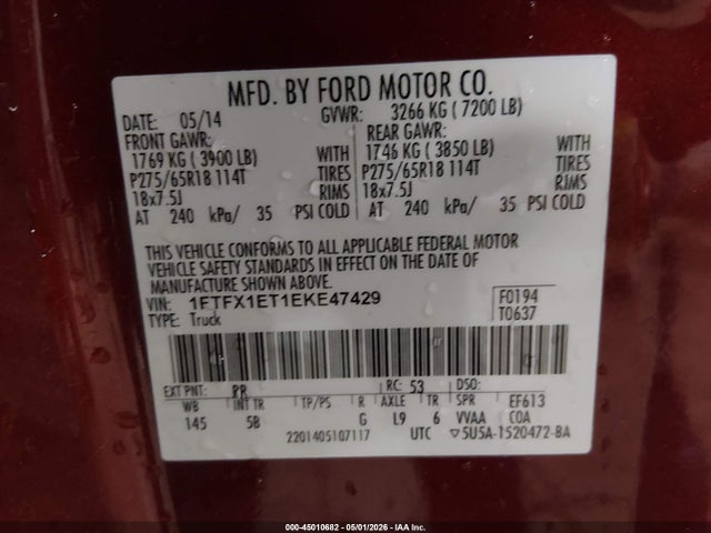Aukcja sprzedaży 2014 Ford F-150 Fx4, vin: 1FTFX1ET1EKE47429, numer aukcji: 45010682