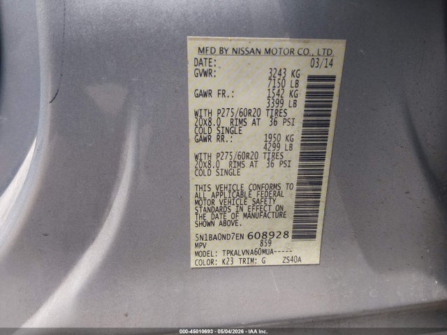 Продажа на аукционе авто 2014 Nissan Armada Sl, vin: 5N1BA0ND7EN608928, номер лота: 45010693