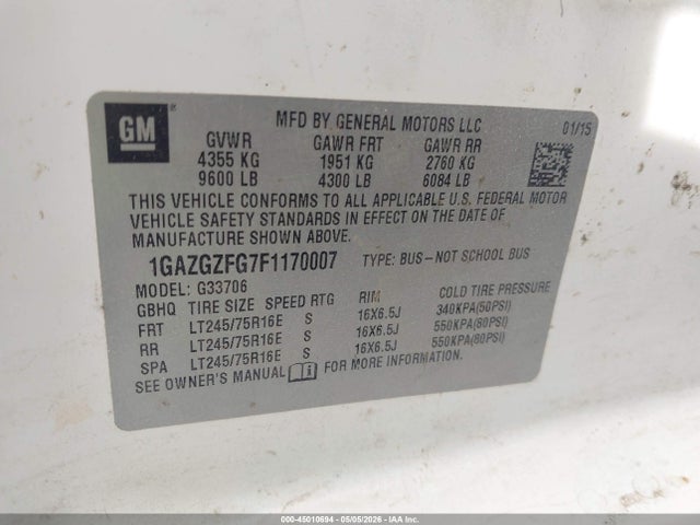 Продажа на аукционе авто 2015 Chevrolet Express 3500 Ls, vin: 1GAZGZFG7F1170007, номер лота: 45010694