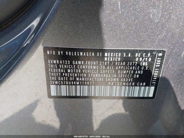 45010725 :رقم المزاد ، 3VWC57BU9KM110677 vin ، 2019 Volkswagen Jetta 1.4t R-line/1.4t S/1.4t Se مزاد بيع