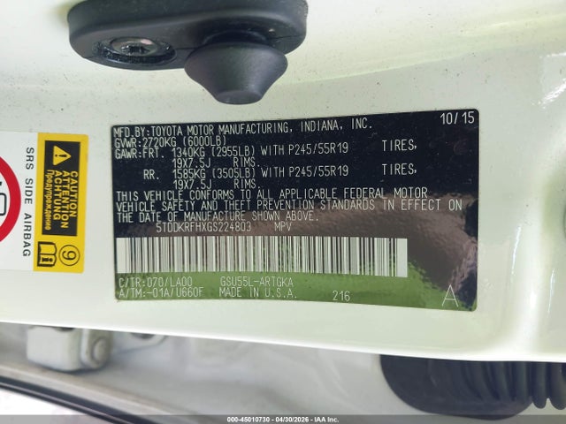 Aukcja sprzedaży 2016 Toyota Highlander Limited V6, vin: 5TDDKRFHXGS224803, numer aukcji: 45010730