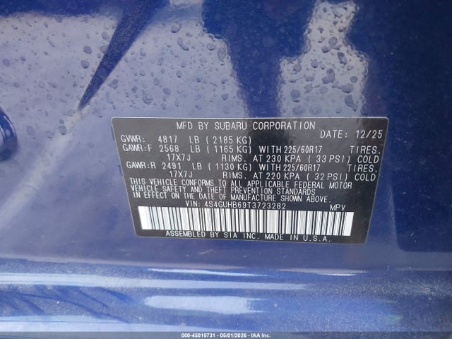 Aukcja sprzedaży 2026 Subaru Crosstrek, vin: 4S4GUHB69T3723282, numer aukcji: 45010731