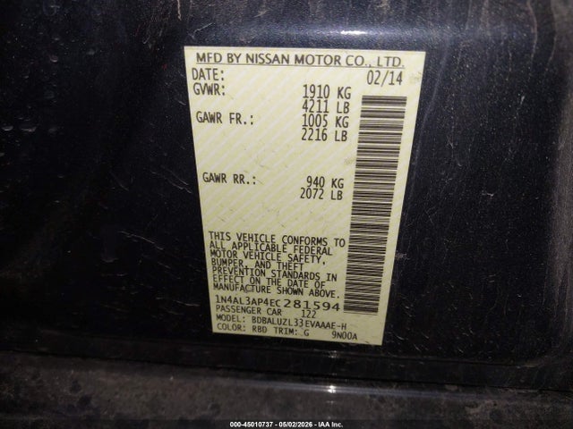 Продажа на аукционе авто 2014 Nissan Altima 2.5 Sv, vin: 1N4AL3AP4EC281594, номер лота: 45010737