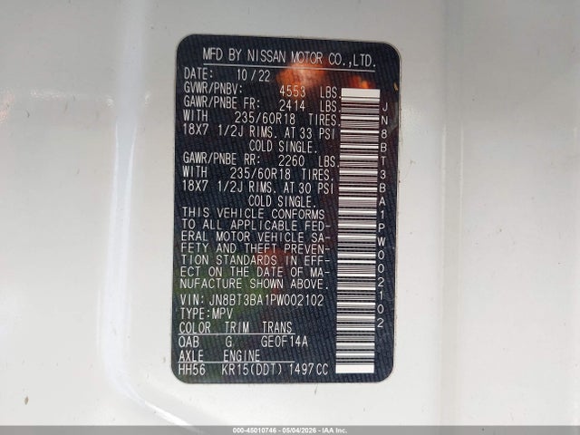 45010746 :رقم المزاد ، JN8BT3BA1PW002102 vin ، 2023 Nissan Rogue Sv Fwd مزاد بيع