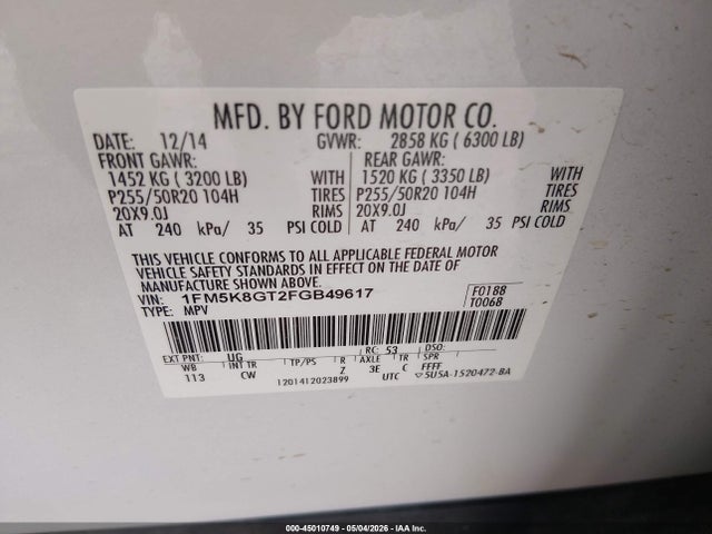 Ford EXPLORER SPORT 2015 1FM5K8GT2FGB49617 Image 9
