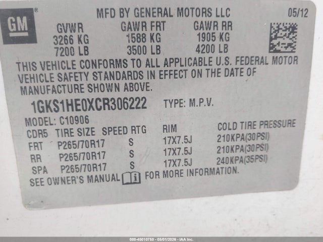 45010750 :رقم المزاد ، 1GKS1HE0XCR306222 vin ، 2012 Gmc Yukon Xl 1500 Sle مزاد بيع