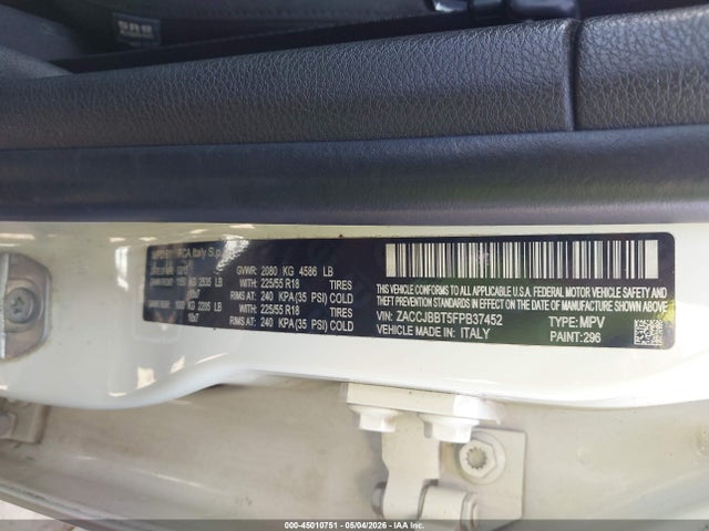 2015 Jeep Renegade Latitude მანქანა იყიდება აუქციონზე, vin: ZACCJBBT5FPB37452, აუქციონის ნომერი: 45010751