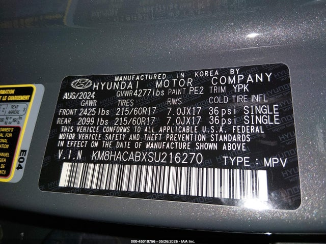Aukcja sprzedaży 2025 Hyundai Kona Se, vin: KM8HACABXSU216270, numer aukcji: 45010756