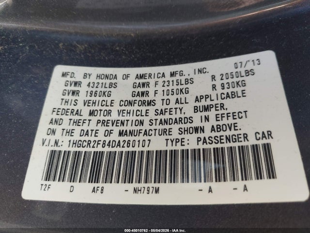 Aukcja sprzedaży 2013 Honda Accord Ex-l, vin: 1HGCR2F84DA260107, numer aukcji: 45010762