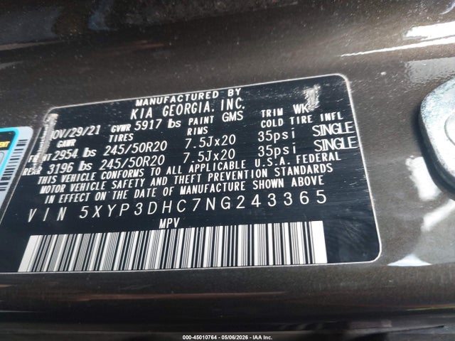 Aukcja sprzedaży 2022 Kia Telluride Ex, vin: 5XYP3DHC7NG243365, numer aukcji: 45010764