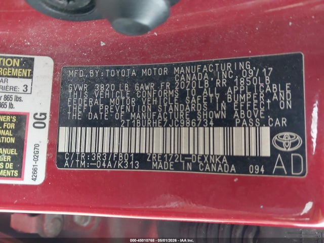 Aukcja sprzedaży 2018 Toyota Corolla Le, vin: 2T1BURHE7JC986734, numer aukcji: 45010768