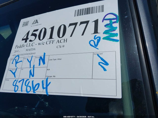 2014 Mazda Cx-9 Grand Touring მანქანა იყიდება აუქციონზე, vin: JM3TB2DV0E0428545, აუქციონის ნომერი: 45010771