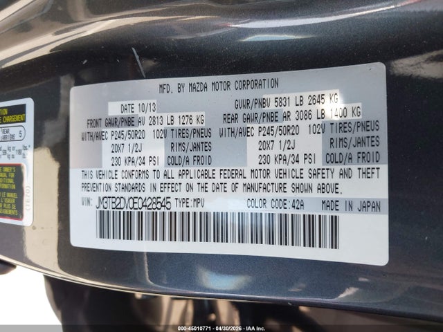 2014 Mazda Cx-9 Grand Touring მანქანა იყიდება აუქციონზე, vin: JM3TB2DV0E0428545, აუქციონის ნომერი: 45010771