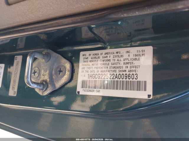 2002 Honda Accord 3.0 Ex მანქანა იყიდება აუქციონზე, vin: 1HGCG22522A009603, აუქციონის ნომერი: 45010775