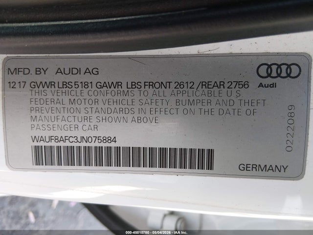 45010780 :رقم المزاد ، WAUF8AFC3JN075884 vin ، 2018 Audi A6 2.0t Premium/2.0t Sport مزاد بيع