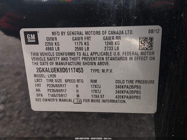 Aukcja sprzedaży 2013 Gmc Terrain Slt-1, vin: 2GKALUEK8D6117453, numer aukcji: 45010788