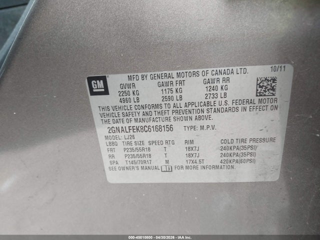 Продажа на аукционе авто 2012 Chevrolet Equinox Ltz, vin: 2GNALFEK8C6168156, номер лота: 45010800