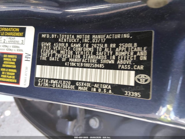 Aukcja sprzedaży 2017 Toyota Avalon Xle, vin: 4T1BK1EB1HU259485, numer aukcji: 45010805