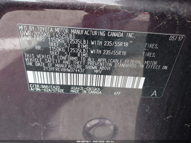 45010811 :رقم المزاد ، 2T3YFREV8HW374437 vin ، 2017 Toyota Rav4 Limited مزاد بيع