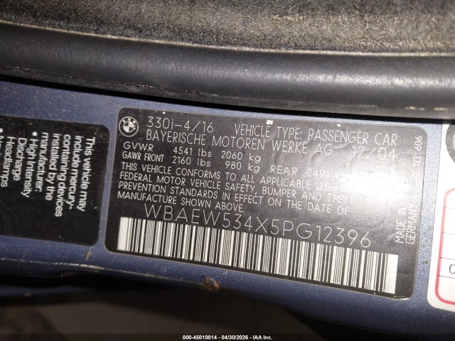 2005 Bmw 330xi მანქანა იყიდება აუქციონზე, vin: WBAEW534X5PG12396, აუქციონის ნომერი: 45010814
