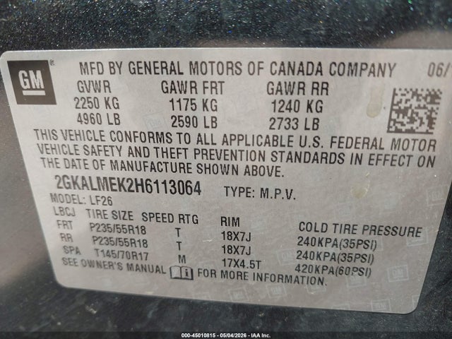 Продажа на аукционе авто 2017 Gmc Terrain Sle-1, vin: 2GKALMEK2H6113064, номер лота: 45010815