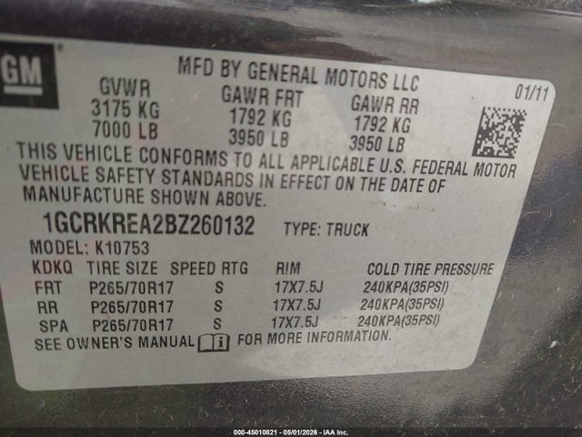 2011 Chevrolet Silverado 1500 Ls მანქანა იყიდება აუქციონზე, vin: 1GCRKREA2BZ260132, აუქციონის ნომერი: 45010821