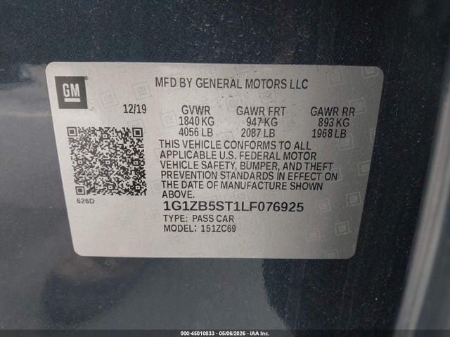 45010833 :رقم المزاد ، 1G1ZB5ST1LF076925 vin ، 2020 Chevrolet Malibu Fwd Ls مزاد بيع