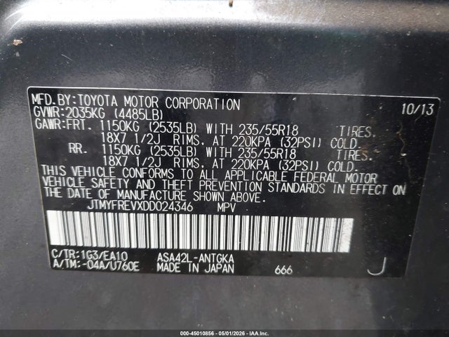 45010856 :رقم المزاد ، JTMYFREVXDD024346 vin ، 2013 Toyota Rav4 Limited مزاد بيع