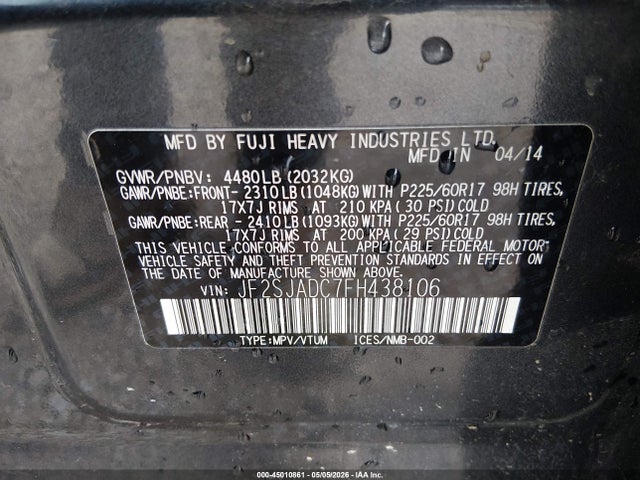 2015 Subaru Forester 2.5i Premium მანქანა იყიდება აუქციონზე, vin: JF2SJADC7FH438106, აუქციონის ნომერი: 45010861
